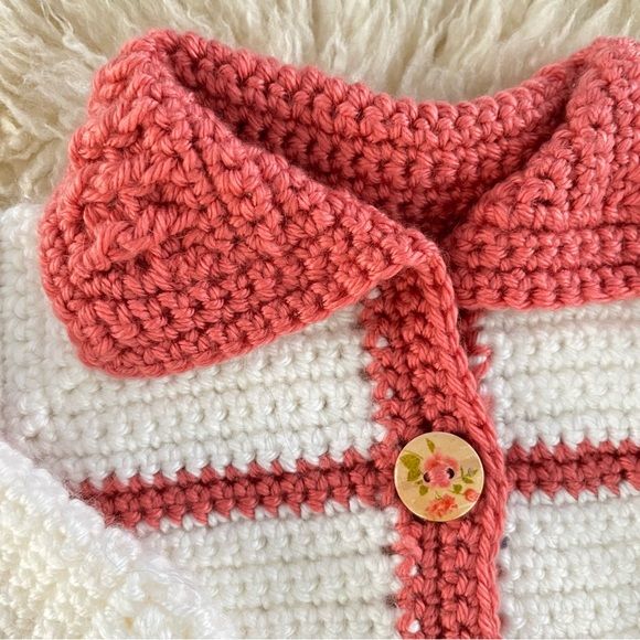 Handmade Striped Baby Girl Crocheted Button Up Sweater 3-6 Months Grannycore New - Picture 2 of 9